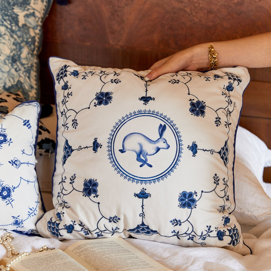 Embroidery Floral Throw Pillow Cover Blue Retro Pillowcase French Waterproof Pillowcase Minimalis... | Etsy (UK)