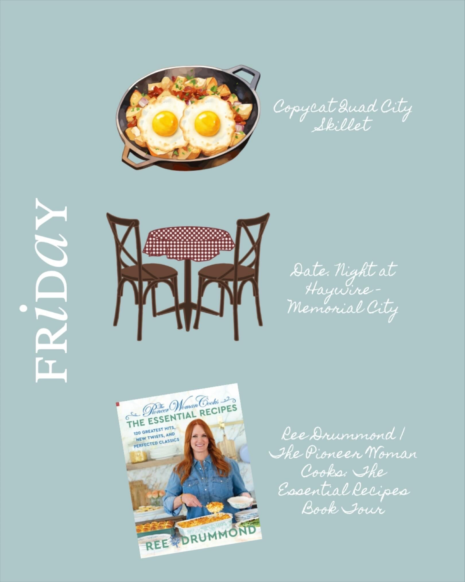 Today at the table: a copycat Quad City skillet to start the day, a date night at Haywire in Memorial City, and the Ree Drummond book tour to wrap it up.

It’ll be a full Friday — the good kind — with breakfast comfort, dinner out, and a little Pioneer Woman magic in between.

Read the full story on the blog — link in bio @mealandgrace.blog .

Gracefully yours,
🫶🏻 Jeanie Jo

#MealAndGrace #FridayMenu #CoastalGrandmotherForRealLife #GraceTastesLikeHome #FoodFaithAndCoastalLife #PioneerWoman

#LTKHome #LTKfoodie