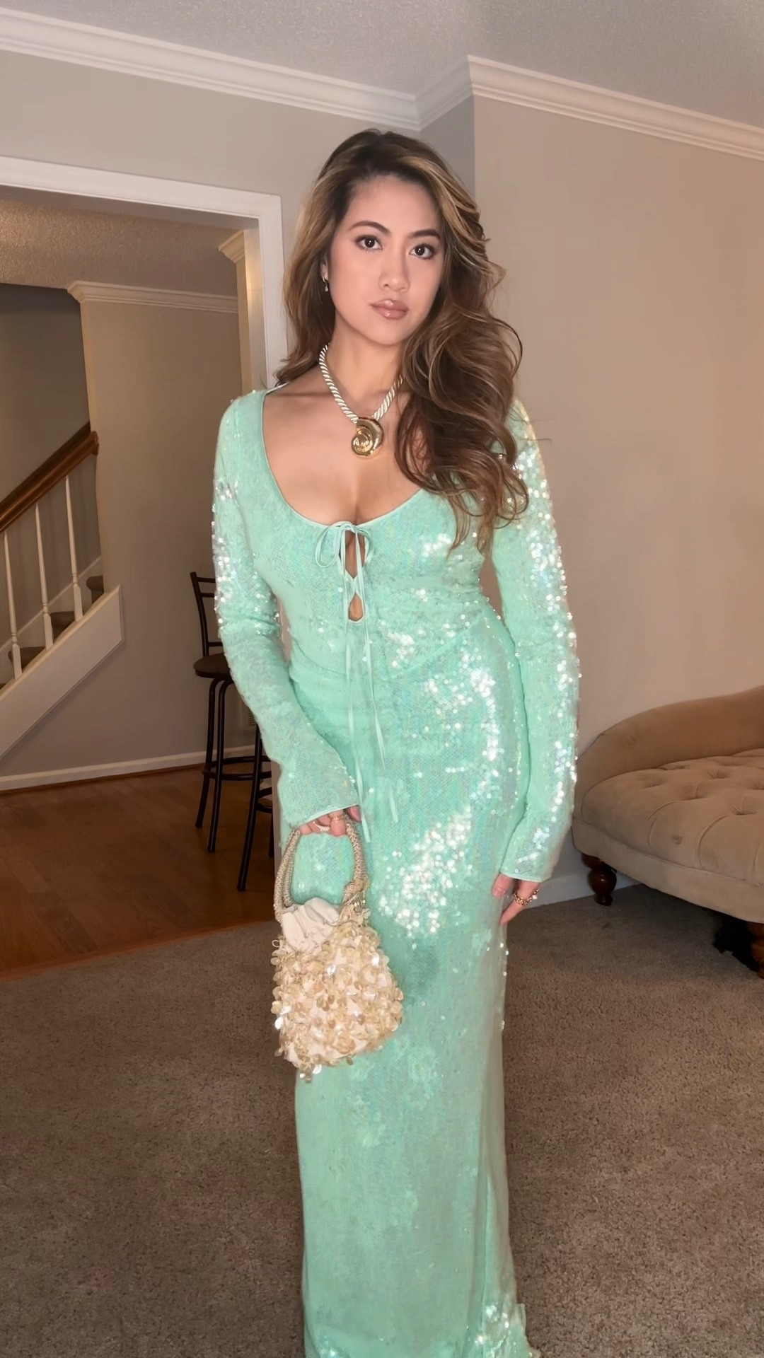 Long sleeve green sequin dress by House of CB “Titania” (small)
Shell rope necklace from TJ Maxx
Sequin bag purse from Zara

#LTKStyleTip

#LTKStyleTip