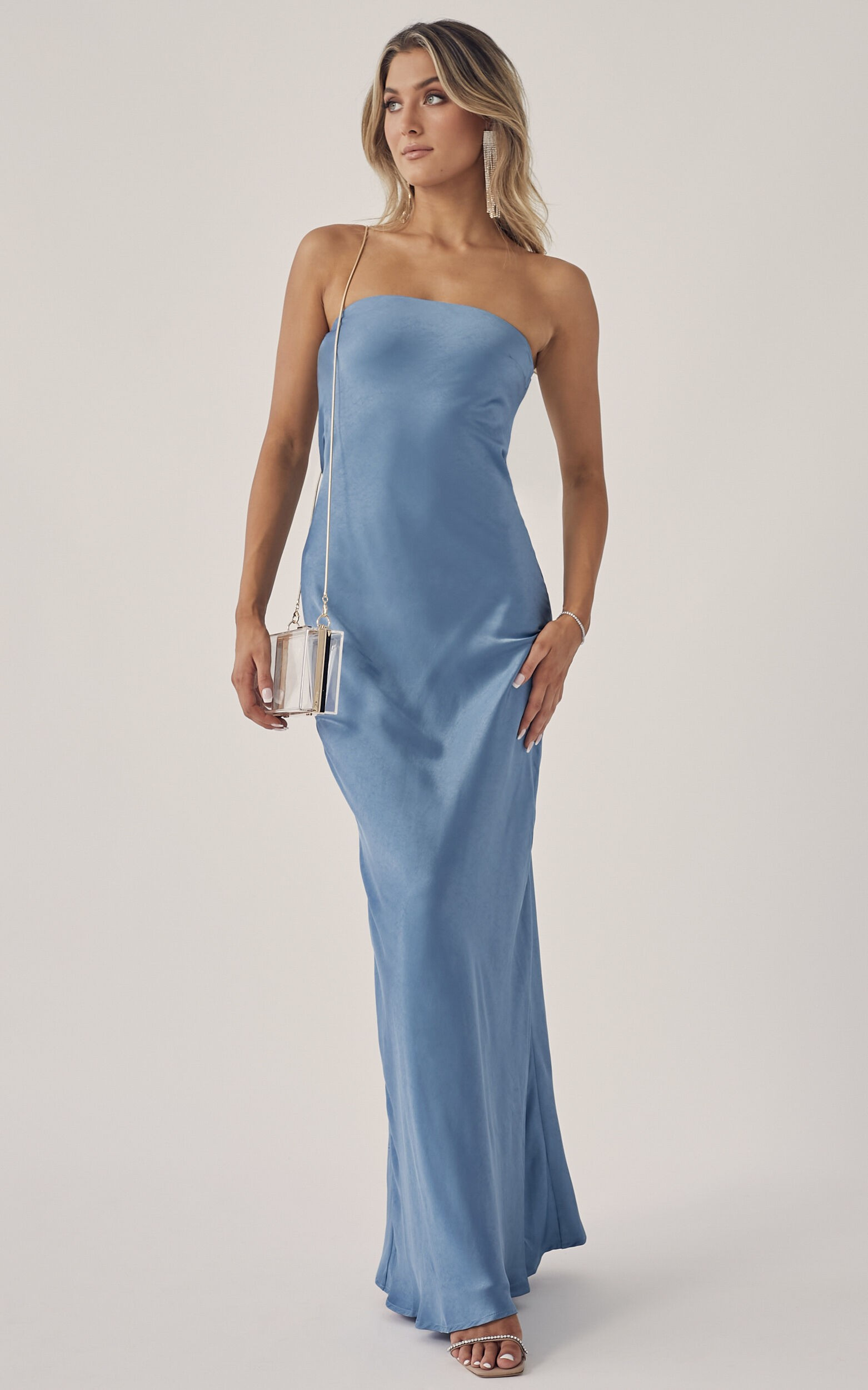 Charlita Strapless Cowl Back Satin Maxi Dress in Steel Blue | Showpo | Showpo - deactived