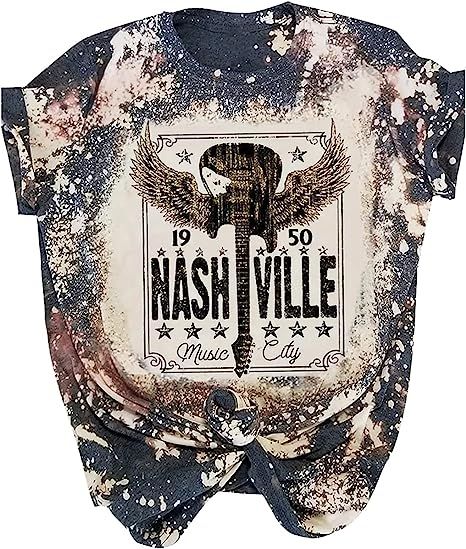 Retro Music City T-Shirt for Women Vintage Bleached Country Music Shirt Distressed Guitar Wings G... | Amazon (US)