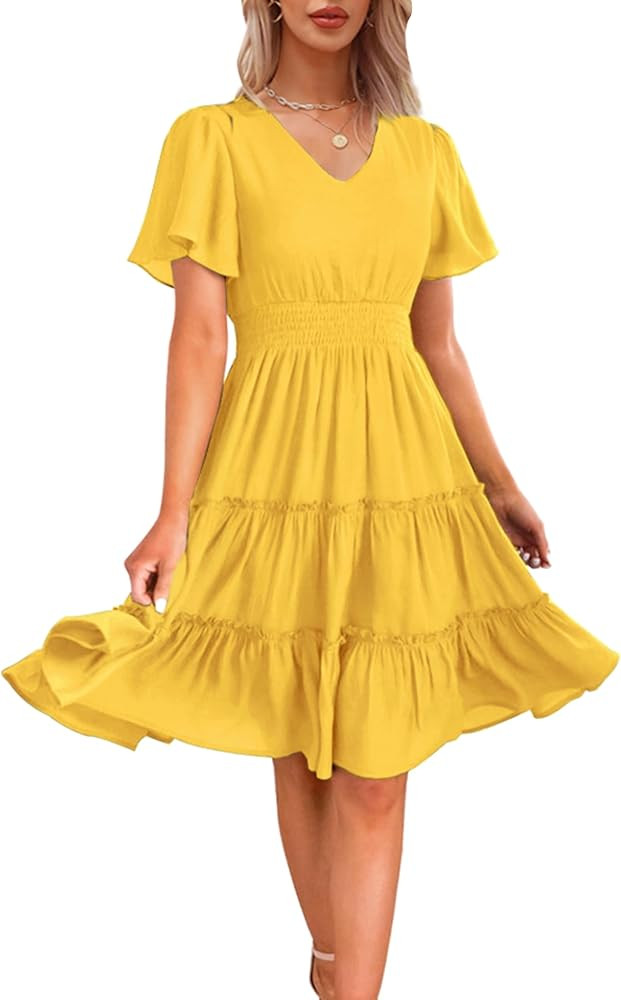 Zattcas Women 2024 Short Sleeve Summer Dress V Neck Smocked Waist Casual Flowy A Line Tiered Work... | Amazon (US)
