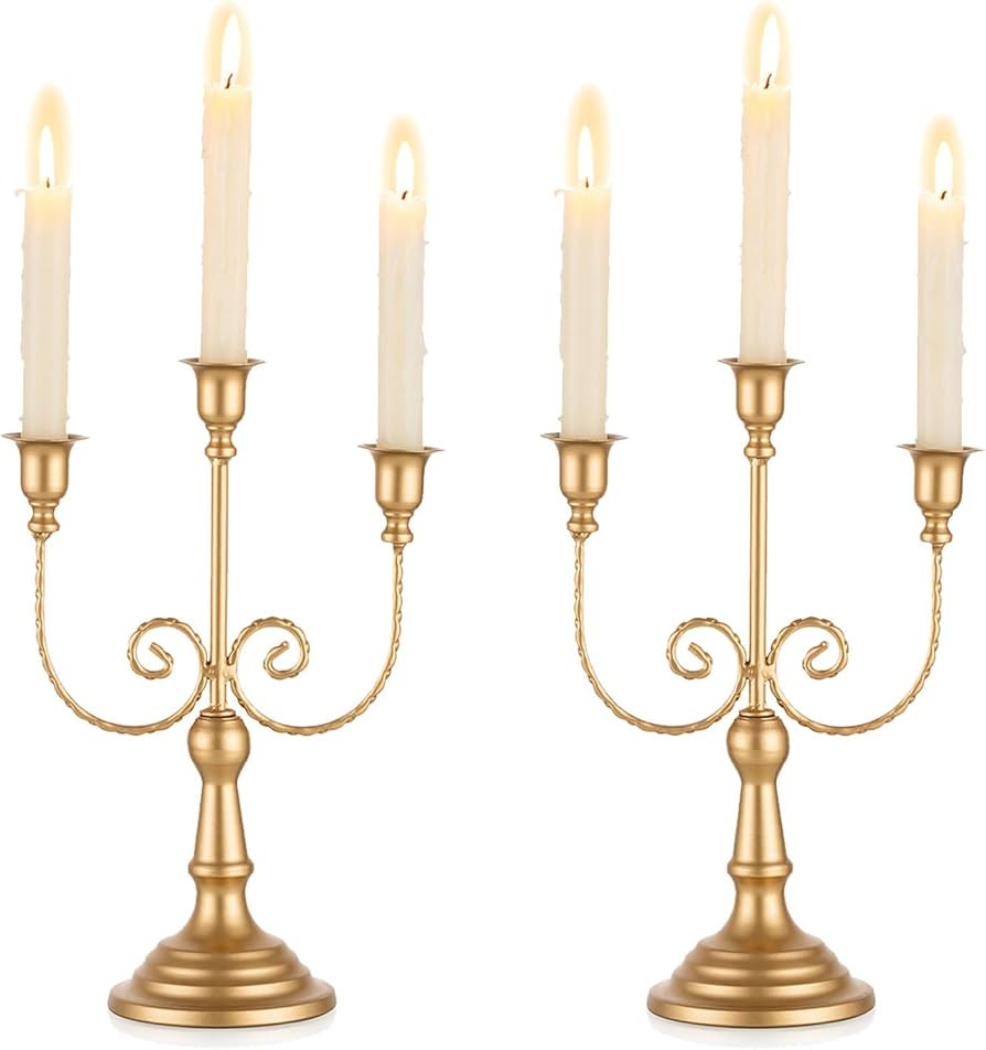 Romadedi Candelabra Gold Candle Holders - 3 Arm 11.8" Wedding Candlestick Holder for Theme Party ... | Amazon (US)