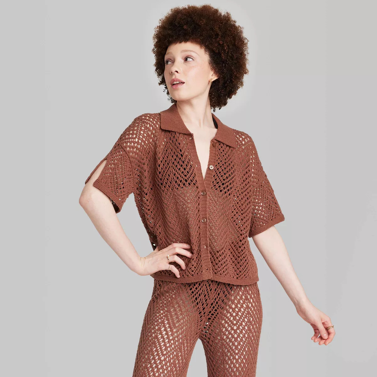 Women's Short Sleeve Open Work Camp Shirt - Wild Fable™ Dark Brown XXS | Target