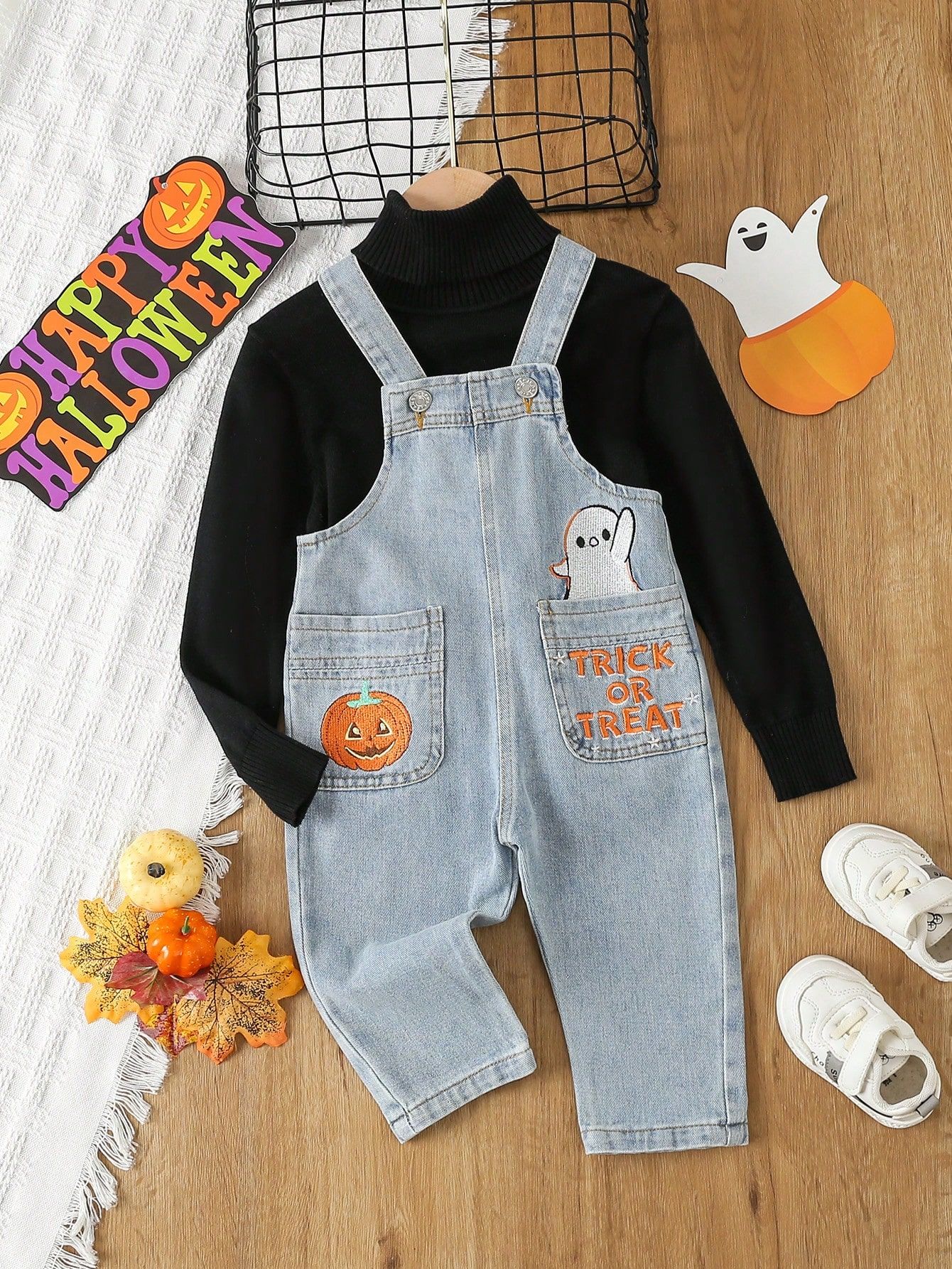 Baby Girl Halloween Print Dual Pocket Denim Overall Jumpsuit Without Tee | SHEIN