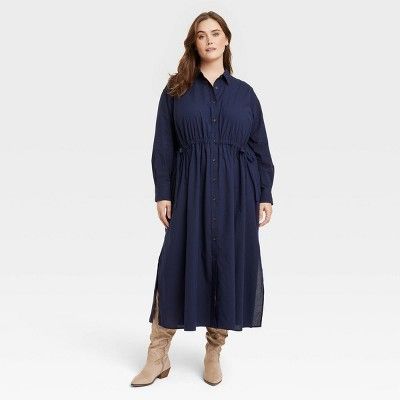 Women's Long Sleeve Cinch Waist Maxi Shirtdress - Universal Thread™ Navy Blue XXL | Target