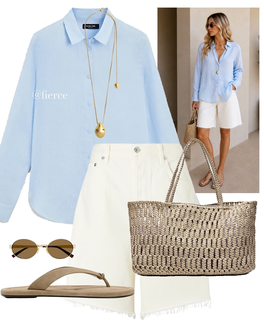 Blue shirt white Bermuda shorts suede taupe sandals taupe rafia tote bag

#LTKuk #LTKsummer #LTKeurope