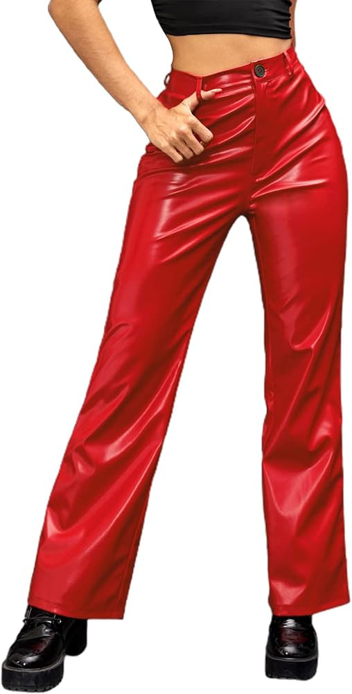 Floerns Women's High Waisted PU Leather Straight Leg Workout Pants | Amazon (US)