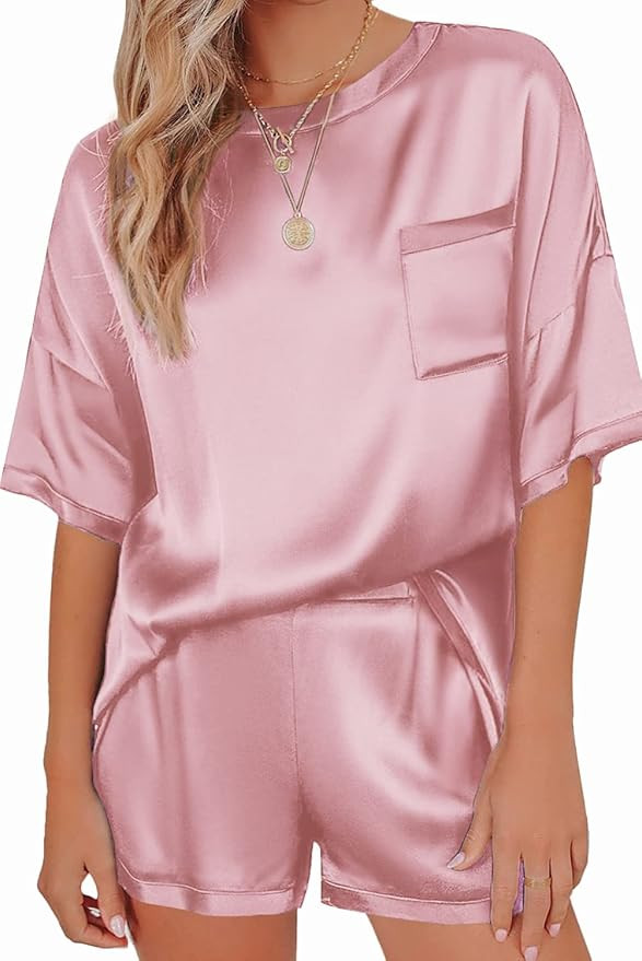Ekouaer Satin Pajamas for Women Short Sleeve Silk Pajama Sets Soft Sleepwear Top wit... | Amazon (US)