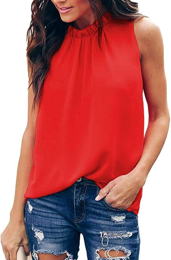 Qearal Women's Summer Ruffle Trim Neckline Tank Tops Double Lined Chiffon Shirts Blouses | Amazon (US)