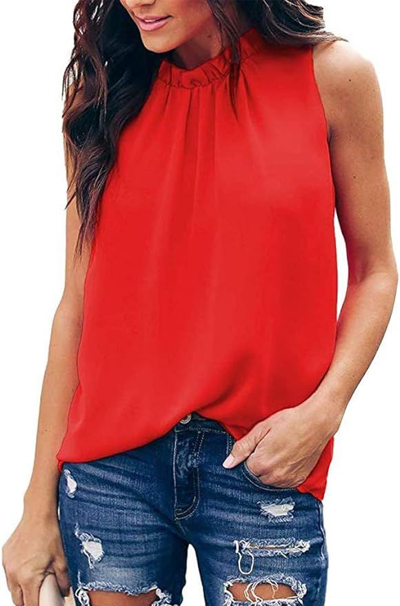Qearal Women's Summer Ruffle Trim Neckline Tank Tops Double Lined Chiffon Shirts Blouses | Amazon (US)