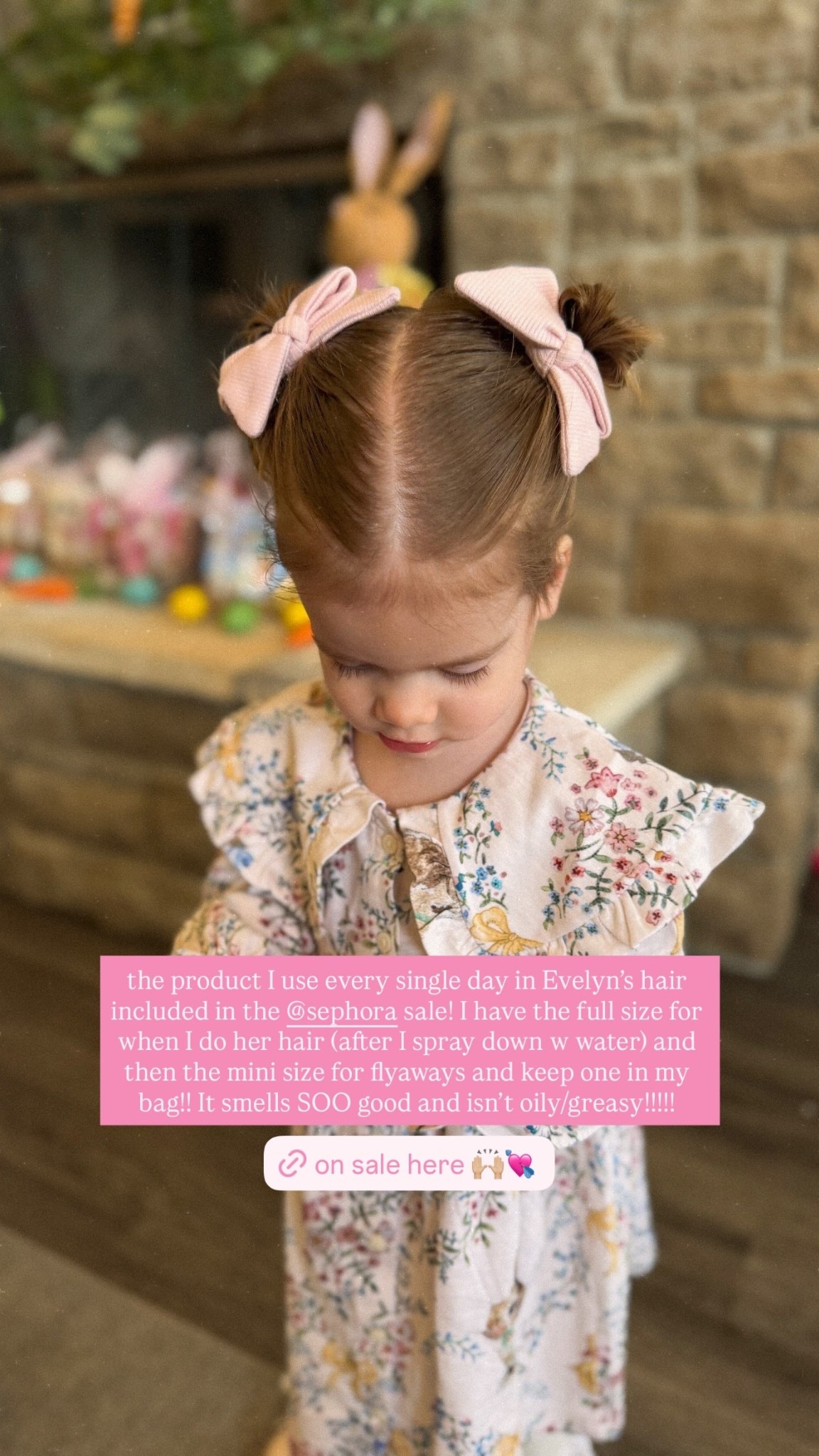 the product I use every single day in Evelyn’s hair included in the @sephora sale! I have the full size for when I do her hair (after I spray down w water) and then the mini size for flyaways and keep one in my bag!! It smells SOO good and isn’t oily/greasy!!!!! @daehair