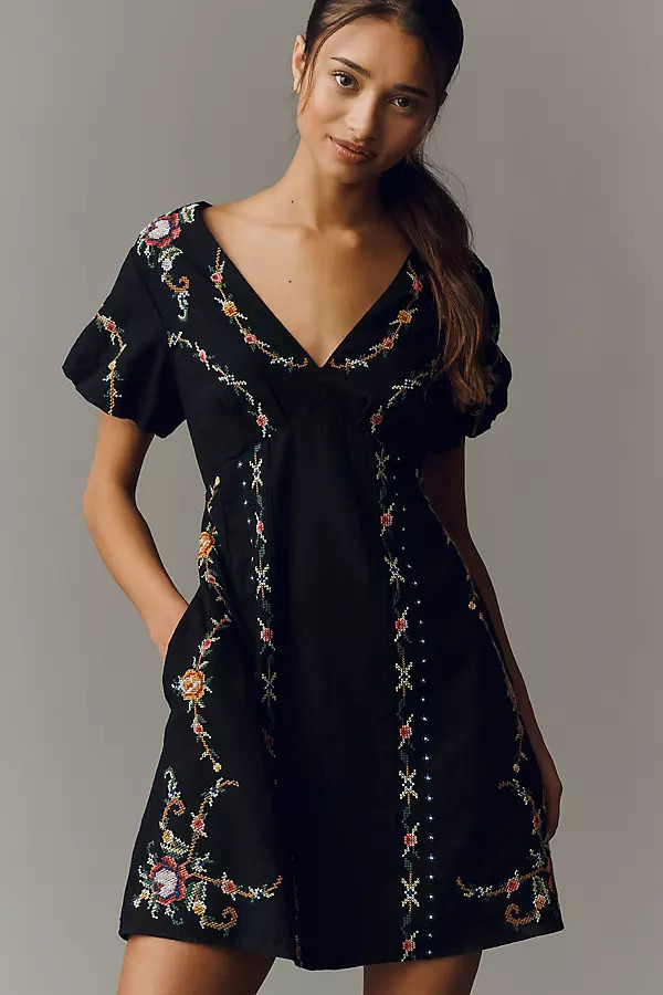 Linen Cotton Cutwork Mini Dress | Anthropologie (US)