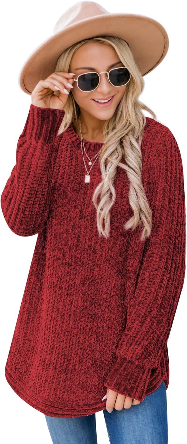 Chigant Womens Chenille Sweaters Long Sleeve Pullover Jumper Round Neck Jumper Tops S-XXL | Amazon (US)