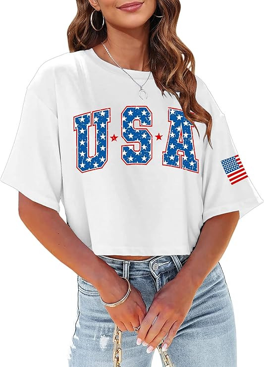 American Flag Crop Tops Women USA Crop Shirt Patriotic 4th of July Tee Memorial Day Tshirt Girls ... | Amazon (US)