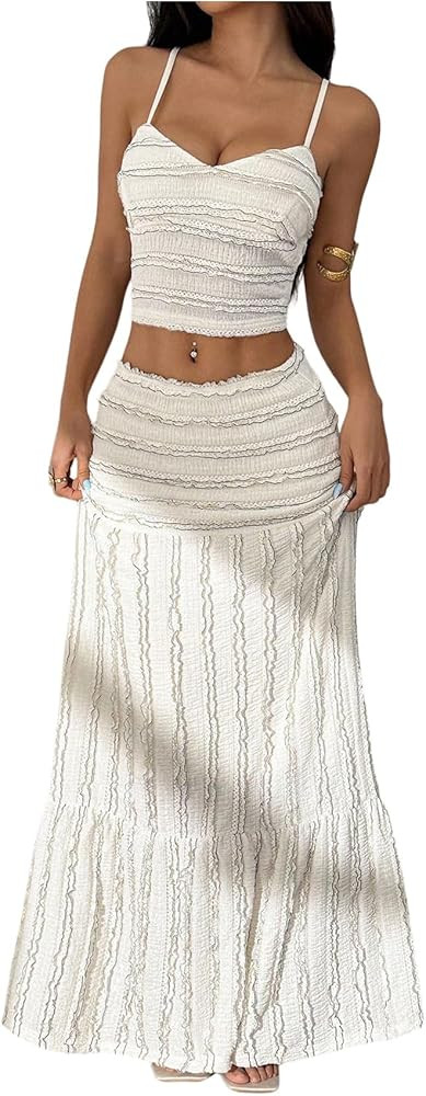 Verdusa Women's 2 Piece Sets Ruffle Tiered Crop Camisole Tops with Maxi Skirt Brunch Outfits | Amazon (US)