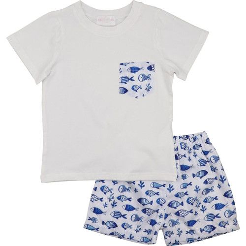 Navy And White Fish Print Short Set | Cecil and Lou
