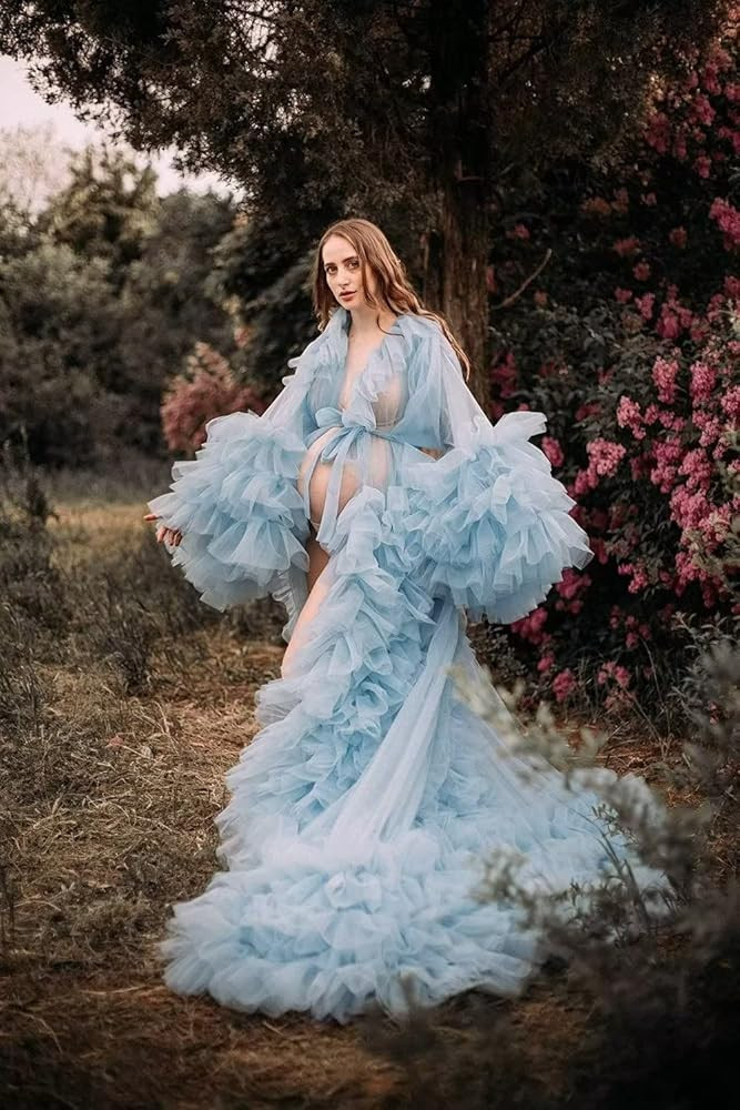 P PROMSTAR Tulle Maternity Photoshoot Dresses Bridal Tulle Robe Long Sleeve Lingerie NightGown | Amazon (US)