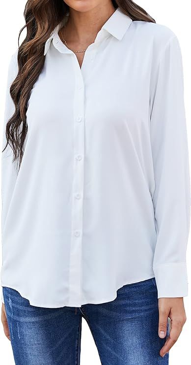 RCL Women's Button Down Dress Shirts Classic Long Sleeve Collared Tops Office Chiffon Blouse Work... | Amazon (US)