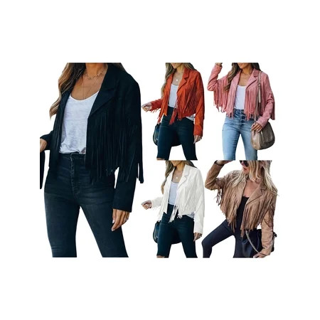 Women Faux Suede Fringe Jacket Long Sleeve Vintage Open Front Lapel Cropped Bomber Biker Coats | Walmart (US)