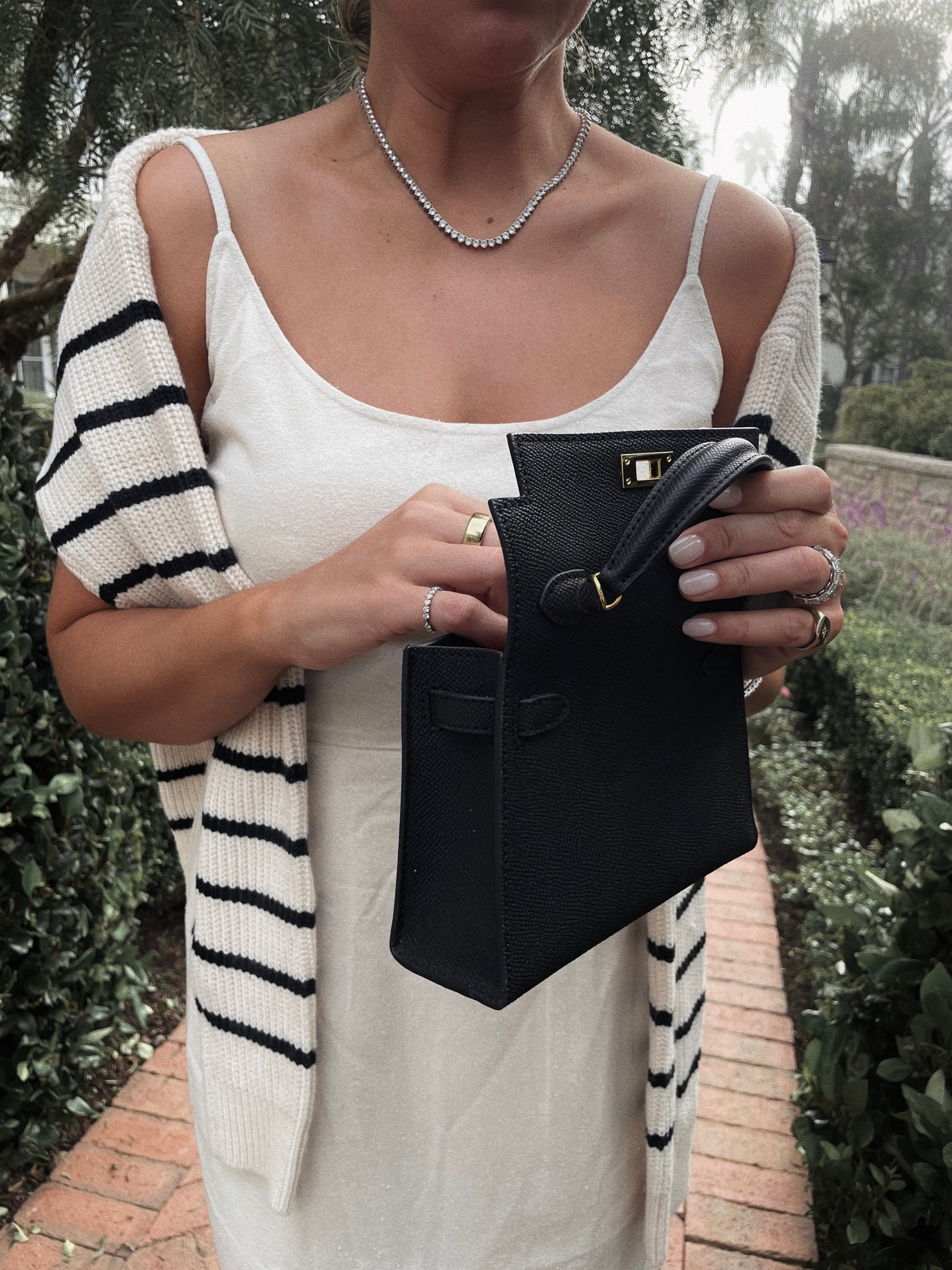 Linen dress and striped sweater 