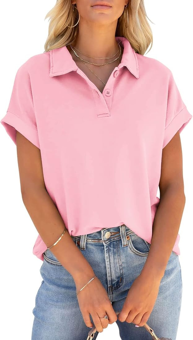 PGANDS Women's Short Sleeve Polo Shirts Summer Collared Button Down Top Casual V Neck Loose Fit T... | Amazon (US)