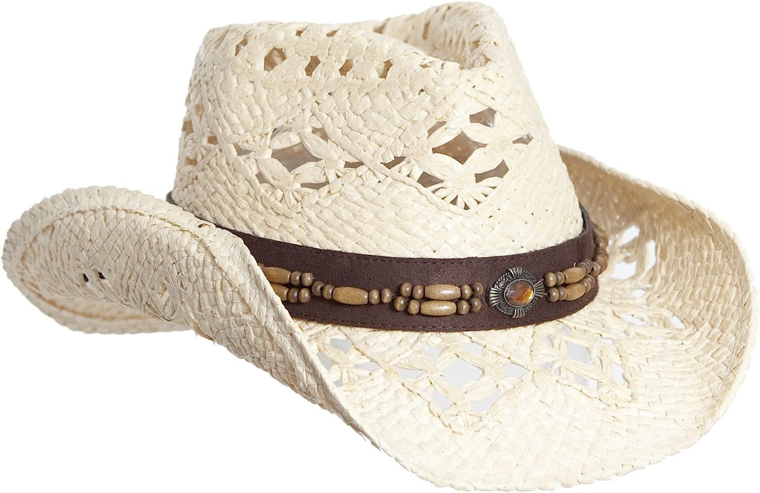Vamuss Straw Cowboy Hat W/Vegan Leather Band & Beads, Shapeable Brim, Beach Cowgirl | Amazon (US)