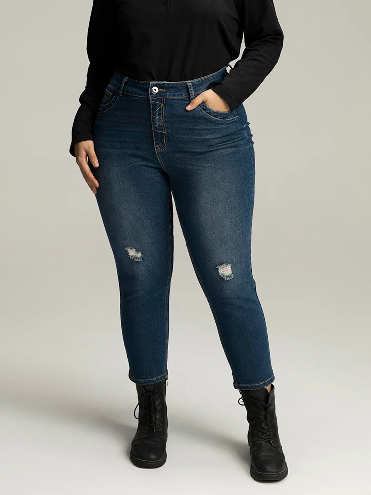 Stitch Detail Distressed Very Stretchy Jeans | Bloomchic