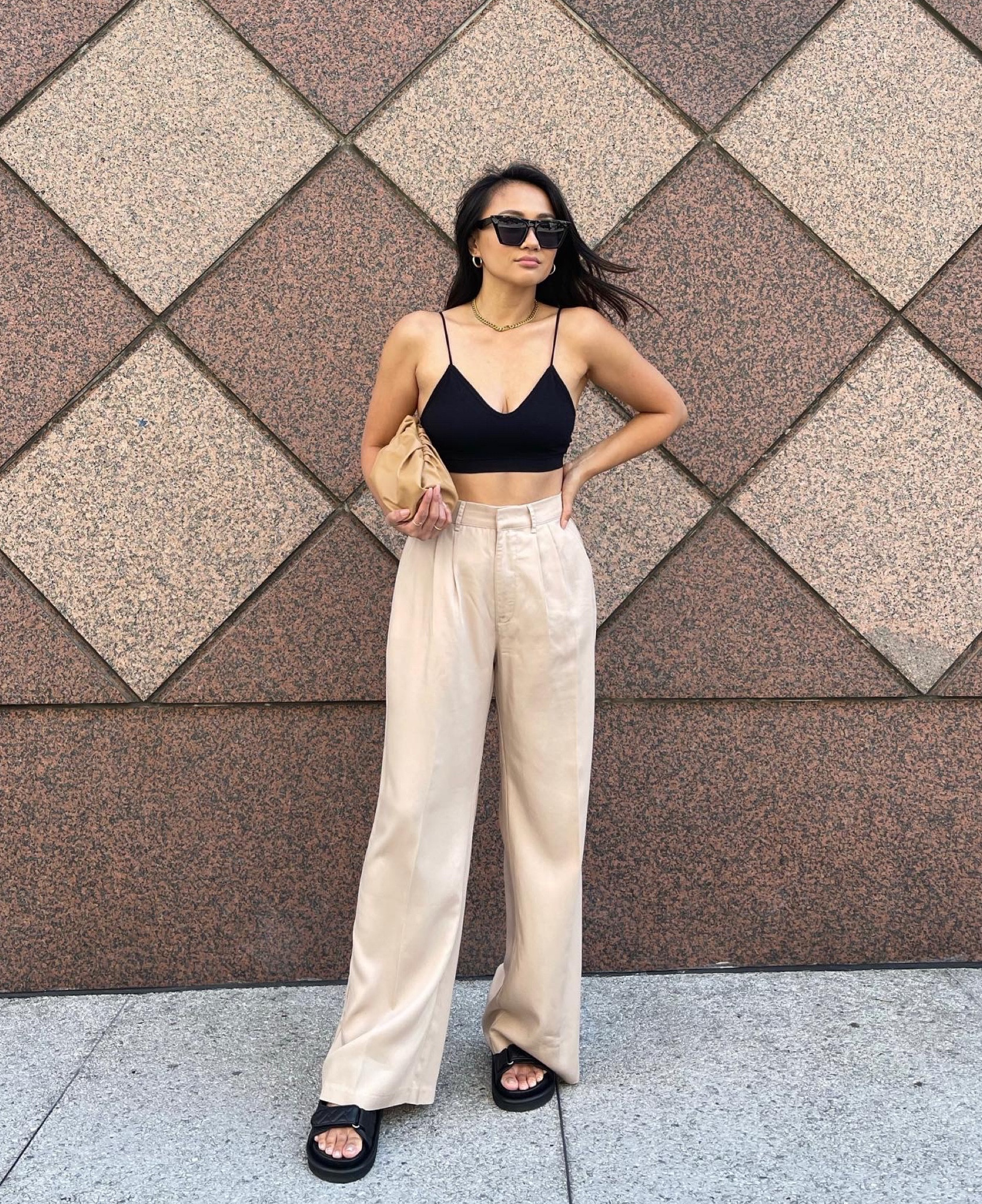 Streetwear ootd: black crop top (Amazon), wide leg trousers (Abercrombie), dad sandals (Nordstrom), cloud bag (Amazon), sunnies (Amazon).

#LTKsalealert #LTKstyletip #LTKshoecrush