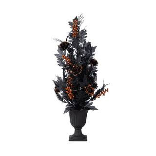 36 in. H Halloween Lighted Black Rose with Orange Glitter Urn Porch Tree, with Timer | The Home Depot