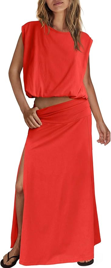 ReachMe Womens Summer Skirt Sets 2 Piece Travel Outfits Sleeveless Going Out Tops Maxi Dress Beac... | Amazon (US)