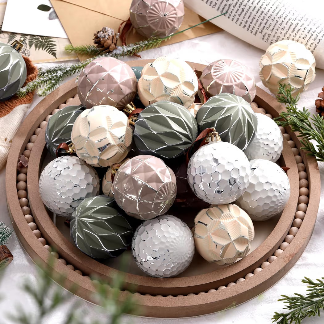 Syhood 12 Pcs Neutral Textured Christmas Ball Ornaments 2.4 Inch Vintage Boho Sage Green Ivory Nu... | Amazon (US)