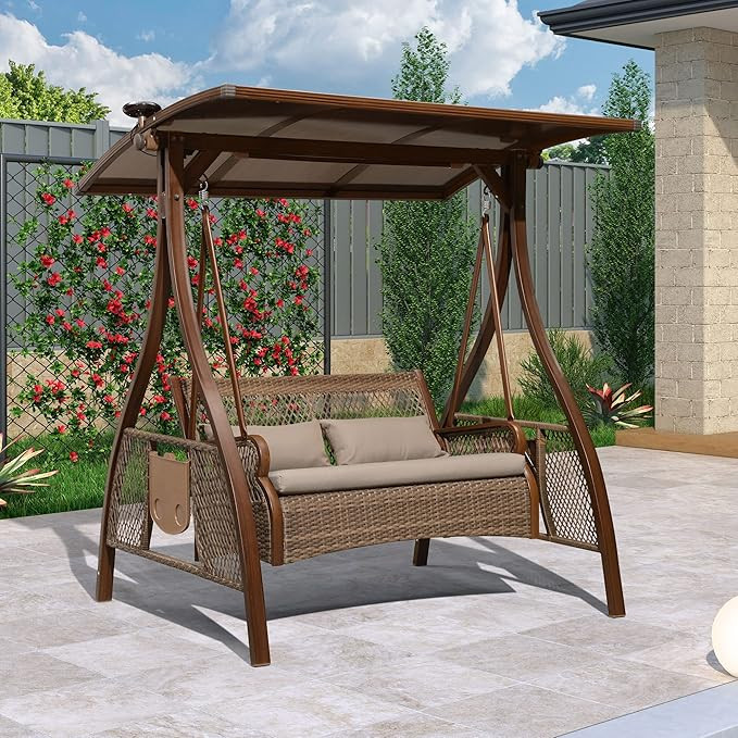 PURPLE LEAF Patio Porch Swing Chair with Canopy 2 Person Hand-Woven Wicker Outside Glider w/Solar... | Amazon (US)