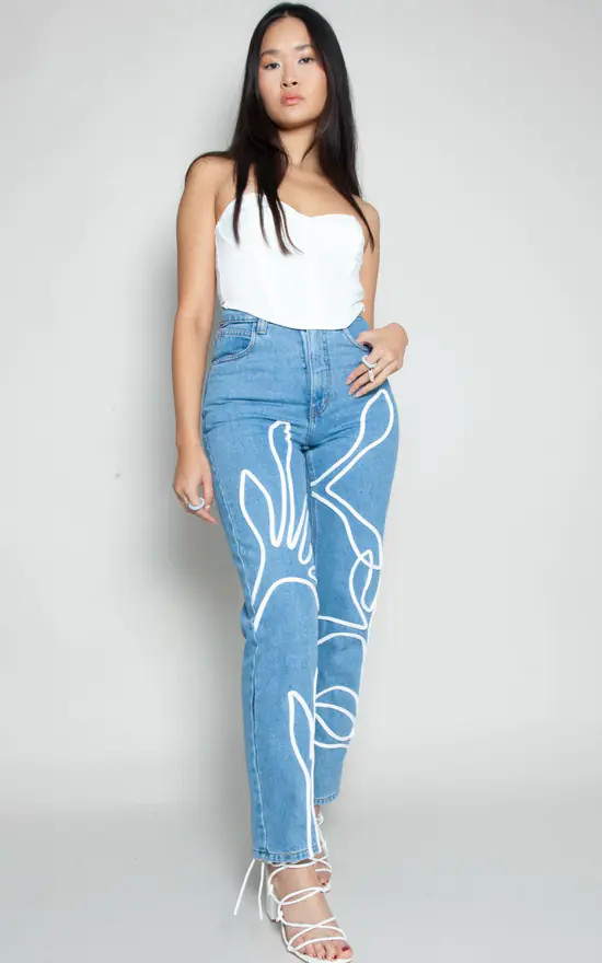 High Waisted Organic & Recycled Floral Trim Blue Jeans | Fanfare Label | SilkFred | SilkFred