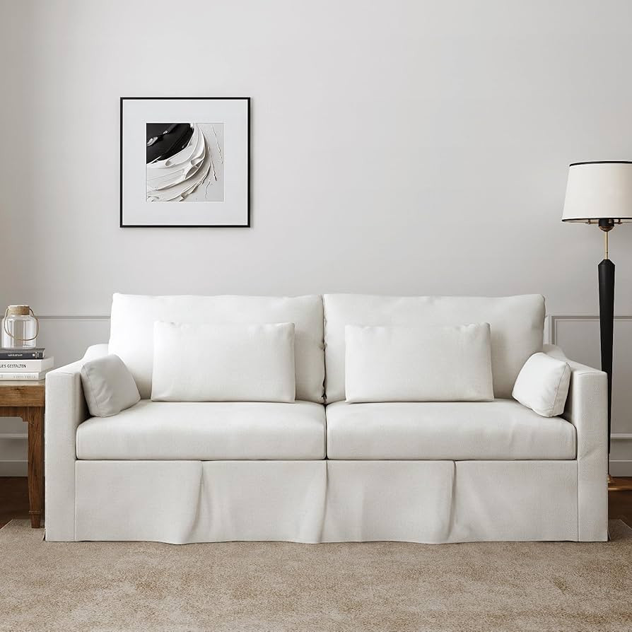 Slipcovered Sofa, 84" Modern Couch with Accent Pillows, 3 Seater Chenille Couch with Sloped Arm, ... | Amazon (US)