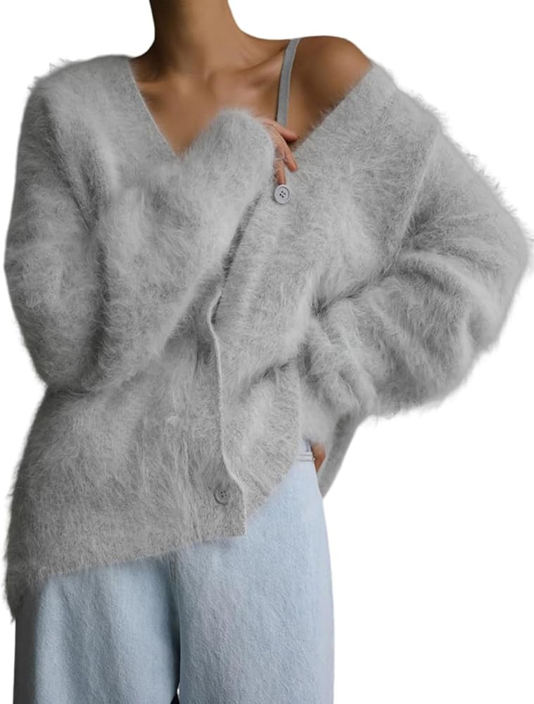 Arssm Womens Fuzzy Cardigan Sweater Long Sleeve Cardigans Button Down V Neck Fluffy Knit Top Fash... | Amazon (US)