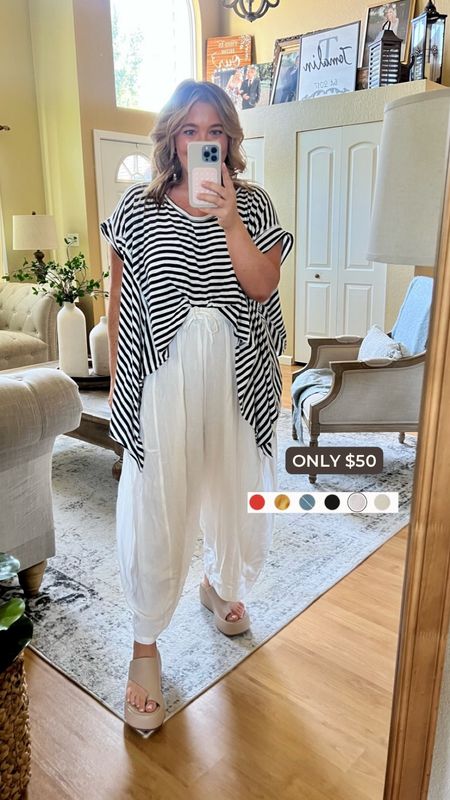 $50 linen pants. The perfect billowy & breezy pants for the summer. Comes in lots of colors. Wearing a large TTS (this is a classic FP oversized fit). Shirt also FP (size large). 