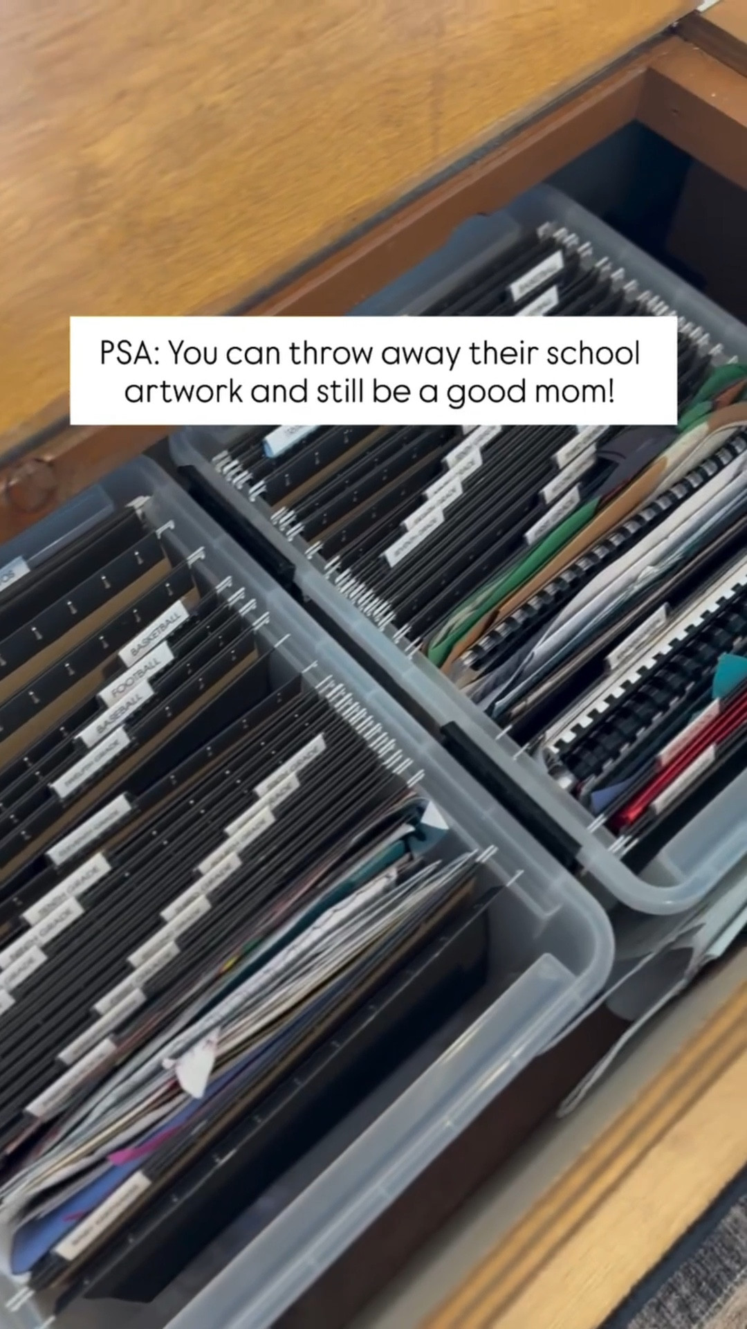 Not everything they create has to be kept forever, and that doesn’t make you any less of a mom. 🤍

In our home, we have a small bin in our command center just for school artwork. Throughout the week, everything goes in there with no guilt, no overwhelm.

At the end of the week, I go through it and keep 1–2 pieces that really stand out. Those favorites get moved into their memory box for that school year — all organized and easy to look back on.

Think about it: if your child has 30 weeks of school and you keep 1–2 pieces each week, that’s around 60 memories from just one year. Multiply that by 12 years of school — that’s more than enough to capture every stage without keeping every single paper.

And for the ones you don’t keep? Snap a photo and create a digital art album.

You’re not throwing away their memories. You’re protecting your peace — and teaching them that memories don’t have to live in clutter.

You’re still a good mom. A really good one. 🫶🏻

#orderlyelegance #momlife #organizationreel #declutterwithlove #familyorganization #organizedhome #momguilt

#LTKmomlife #LTKKids #LTKHome