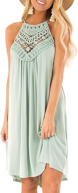 ECOWISH Womens Halter Neck Lace Patchwork Backless Loose Tunic Tank Dress Sleeveless Casual Top D... | Amazon (US)