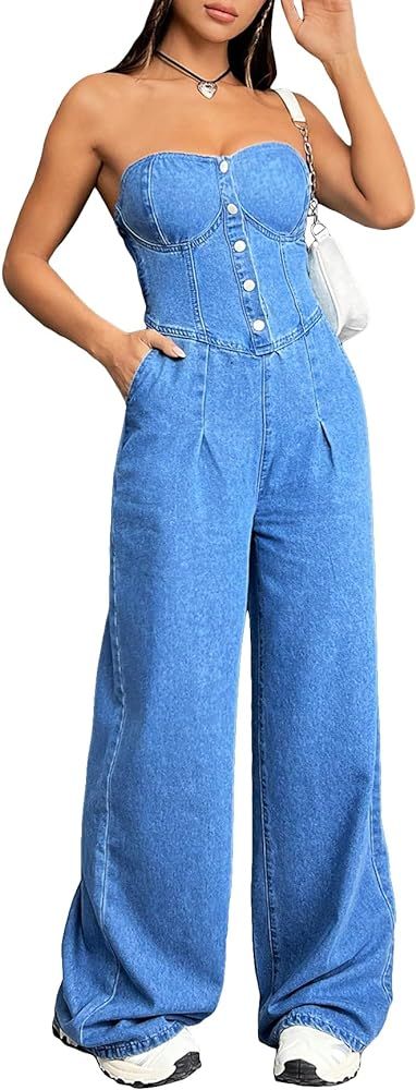 WDIRARA Women's Denim Button Front Strapless Tube Sleeveless High Waist Maxi Jumpsuit with Pocket... | Amazon (US)