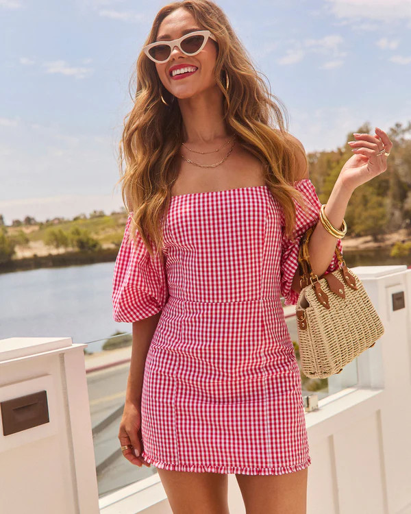 Rosie Gingham Off The Shoulder Mini Dress | VICI