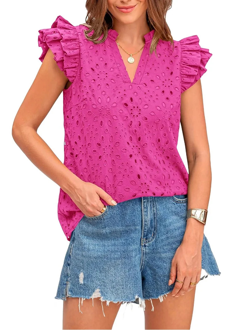 Women Summer Eyelet Tops Dressy Casual V Neck Ruffle Cap Sleeve Cotton Boho Shirts Lace Embroider... | Walmart (US)