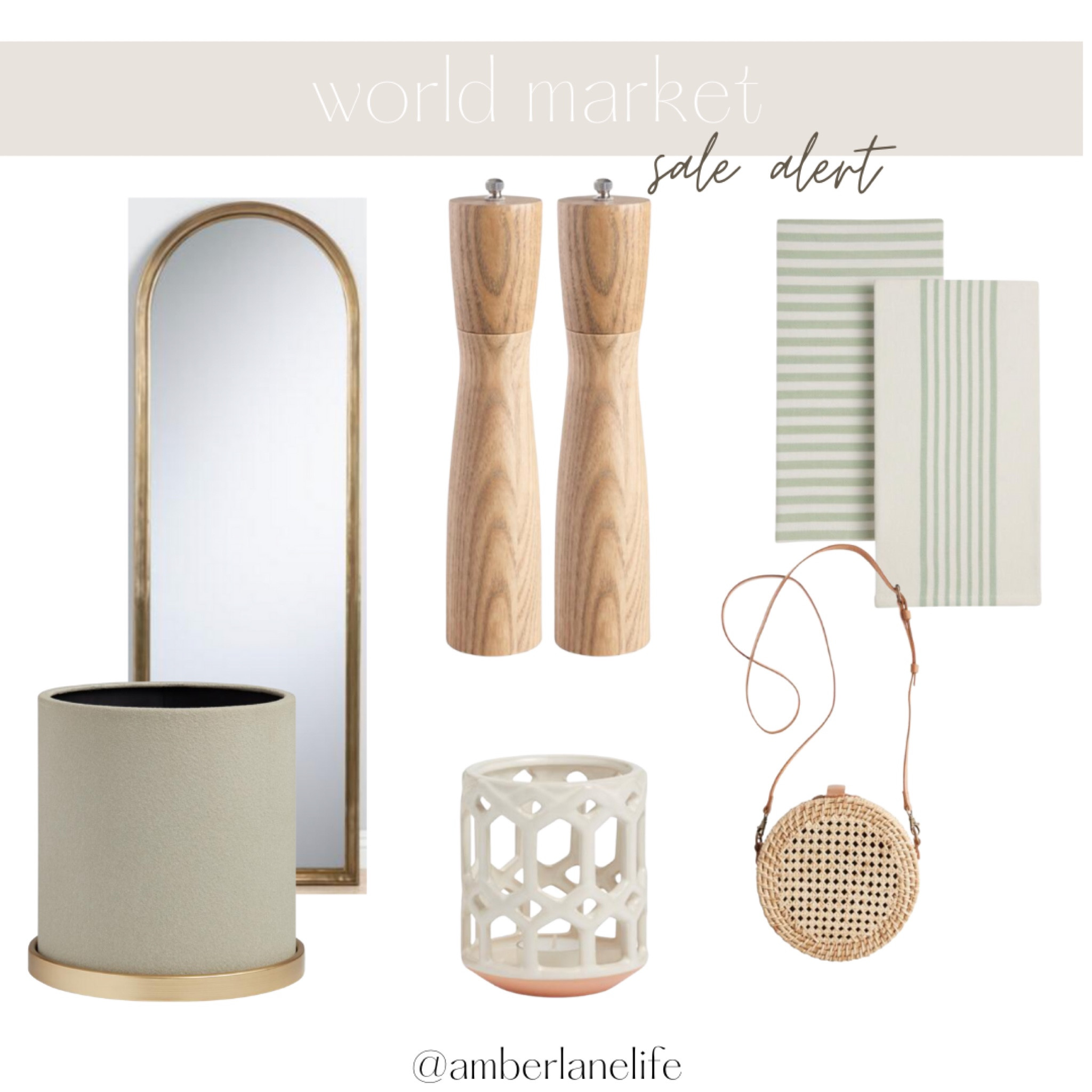 Sale alert from World Market. Arched mirror. Planter. Salt and pepper grinder. Kitchen towels. Purse. Candle hurricane. Candle holder 

#LTKhome #LTKsalealert