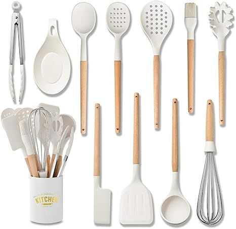 White Cooking Utensils set - Silicone Kitchen Tools Set with Wood handle for Nonstick Utensils Co... | Amazon (US)