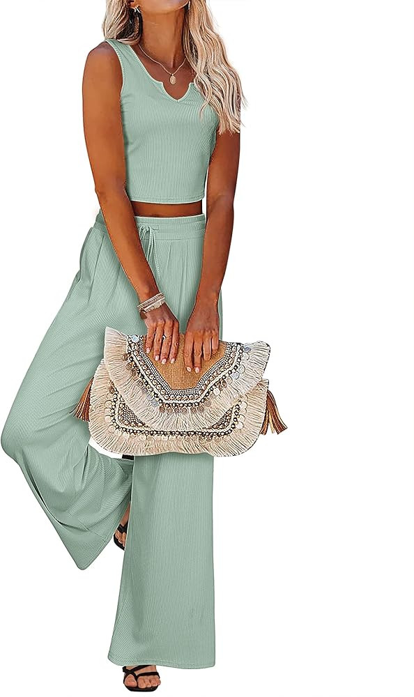 Ekouaer Womens Pajama Sets 2 Piece Lounge Set Short Sleeve Outfit Sets Ribbed Knot Crop Top Wide ... | Amazon (US)