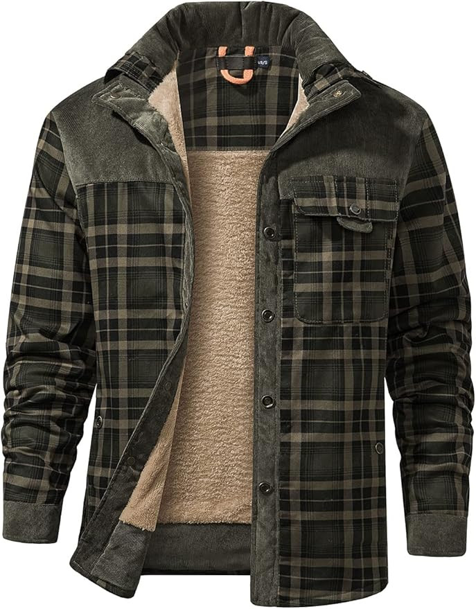 Haellun Men's Long Sleeve Sherpa Lined Shirt Jacket Flannel Plaid Fleece Coats | Amazon (US)