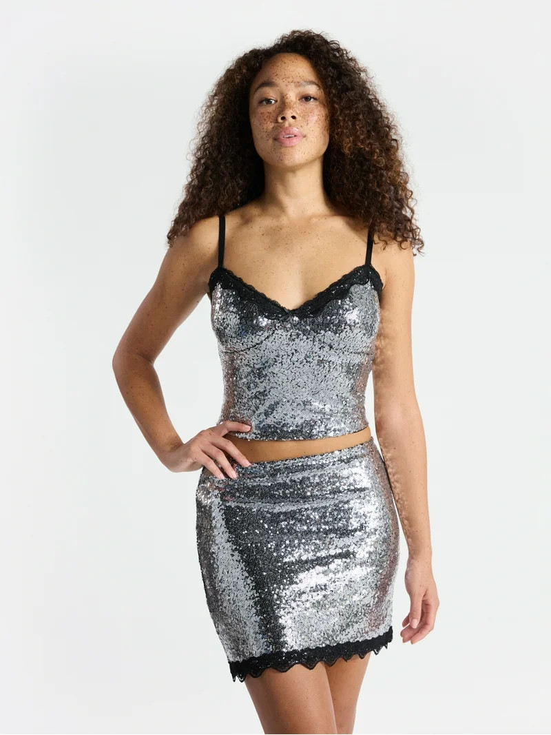 No Boundaries Sequin Mesh Tank Top and Mini Skirt Set, 2-Piece, Women's | Walmart (US)