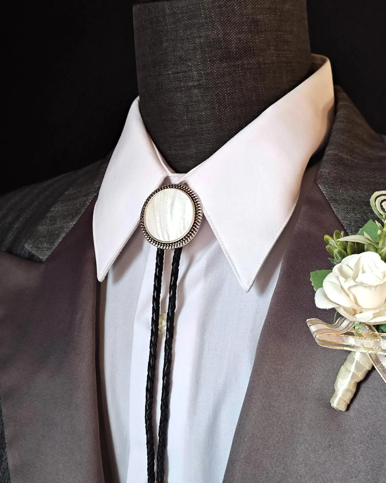 Bolo Tie with White Mother Of Pearl  -Wedding Bolo Ties -Silver, Gold or Copper with Leather or V... | Etsy (US)
