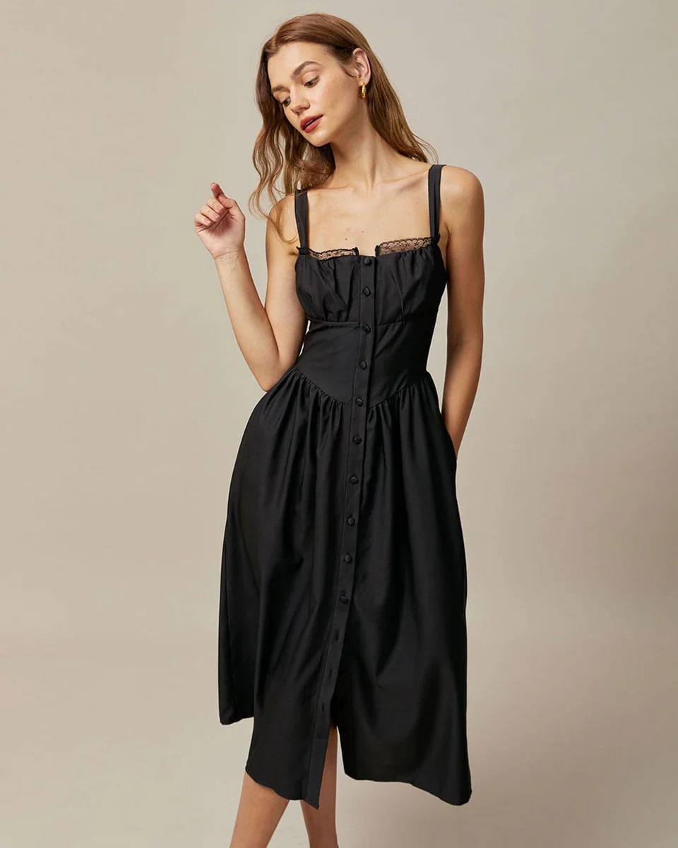 The Black Square Neck Lace Cami Midi Dress & Reviews - Black - Dresses | RIHOAS | rihoas.com