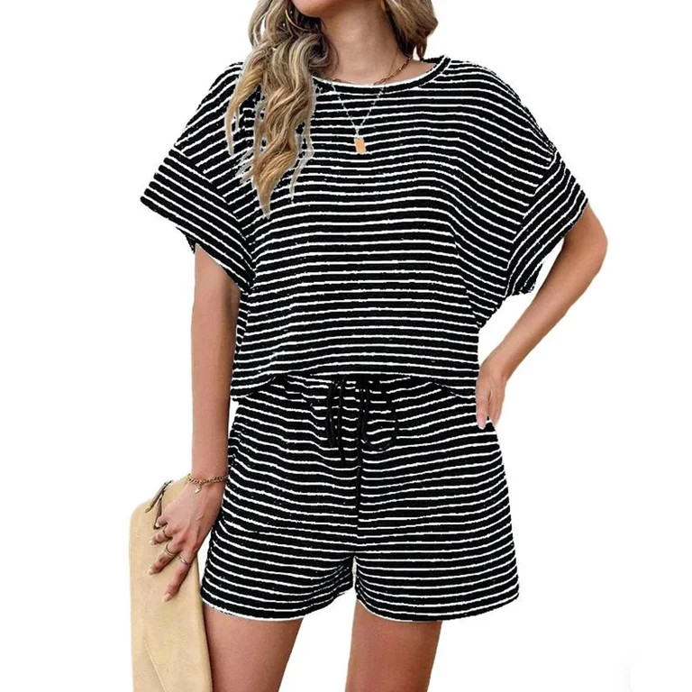 Womens 2 Piece Sets Summer Lounge Sets Striped Short Sleeve Oversized T Shirts Drawstring Shorts ... | Walmart (US)
